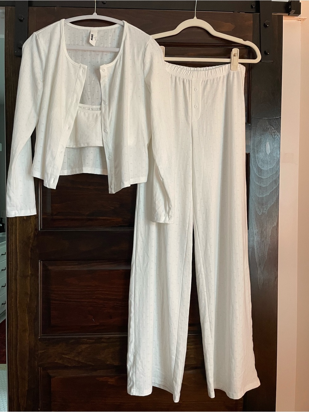 Super Soft White Three-Piece Pajama Set — Cardigan, Tank & Wide-Leg Pants